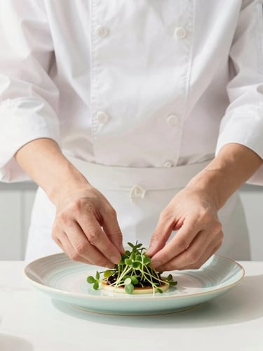 Bright high-key environmental photo, a professional chef in clean white coat carefully arranging delicate microgreens on a pastel-toned plate, soft natural daylight, minimalist kitchen background, 35mm