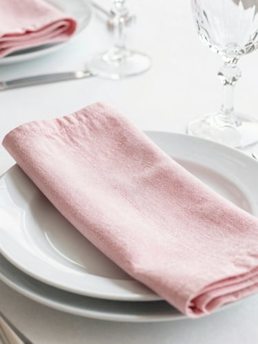Close-up of a bright and airy table setting with delicate white porcelain, pastel pink linen napkins, and sparkling crystal glassware under soft natural daylight, 35mm