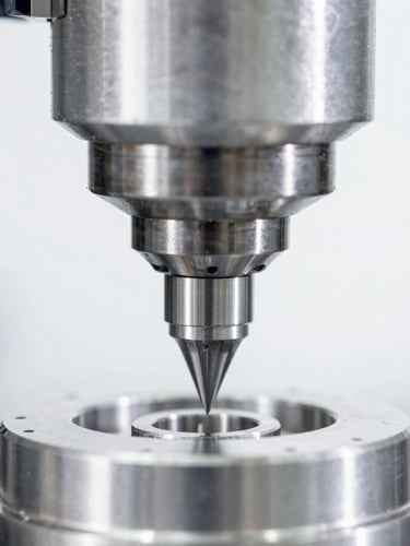 Sharp macro close-up of a high-precision CNC milling head cutting a gleaming aerospace alloy component, cool white studio lighting, bright high-key daylight, 35mm