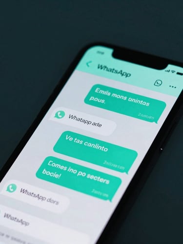 Macro view of a clean WhatsApp UI mockup on a dark smartphone screen, glowing cyan chat bubbles with natural Spanish customer dialogue, dark teal background.