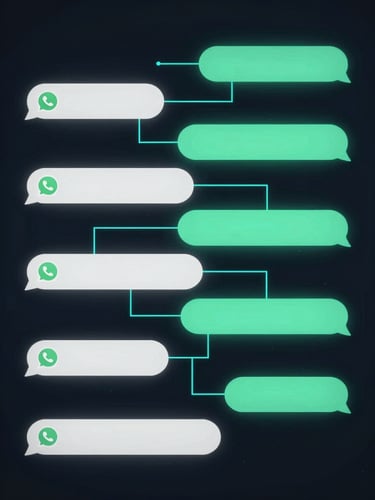 Abstract vector interface showing a clean WhatsApp chat mockup on a dark background. Glowing cyan data lines connect natural Spanish dialogue bubbles, highlighting instant replies and transactional conversion.