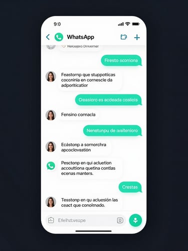 Minimalist UI mockup of a clean WhatsApp chat interface on a dark background, showing fluent Spanish messages between a customer and an AI agent about inventory availability, with glowing cyan accents.