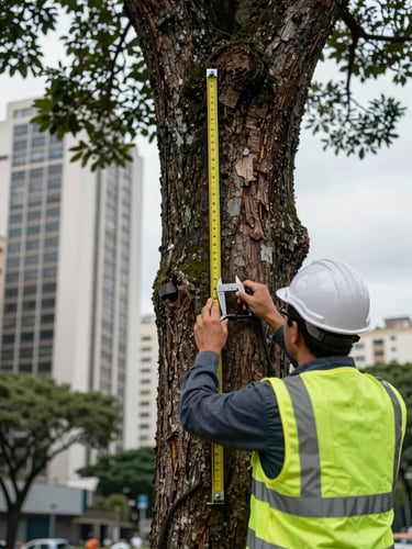 Close-up of a professional forestry engineer in a high-visibility vest measuring a massive urban tree trunk with a caliper in São Paulo, modern building facade blurred in the background, overcast daylight