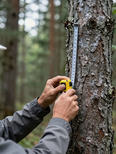 Close-up of a forestry engineer using a technical measuring tape on a thick tree trunk, overcast natural light, graphite gray tones, sharp focus, professional engineering photography