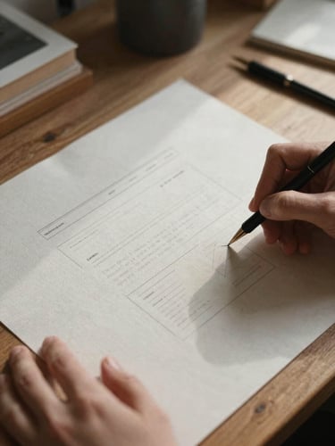 Close-up of hands sketching a minimalist website wireframe on heavy textured linen paper, soft north-facing daylight casting long gentle shadows across the wooden studio desk.