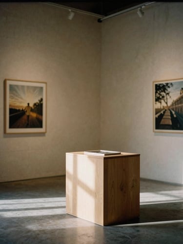 A wide-angle, minimalist physical gallery space with raw linen walls, soft north-facing daylight casting long shadows on a single wooden pedestal, warm editorial photography, shallow depth of field, 35mm film grain.