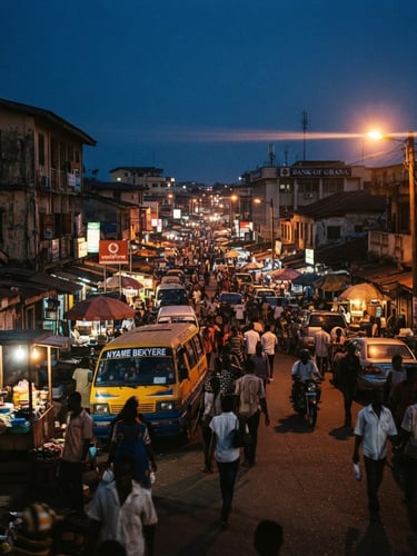 Cinematic wide-angle film still of Accra streets at dusk, low-key warm lighting, anamorphic lens flare, 35mm grain, rich shadows.