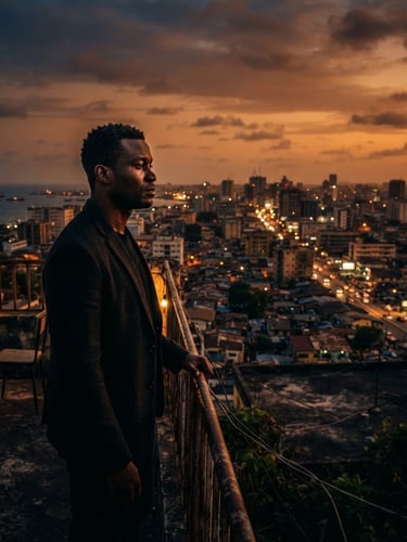 Anamorphic film still of a character looking out over Accra at dusk, low-key lighting, warm orange tones, 35mm grain.