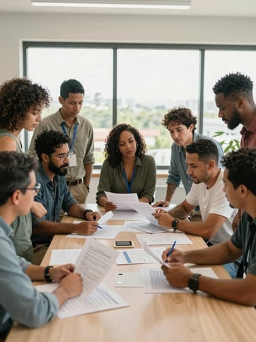 Wide environmental shot of a diverse Dominican team gathered around a worktable in a bright office, reviewing project documents mid-discussion, natural daylight from large windows, warm neutral interior, focus on active collaboration not posed smiles