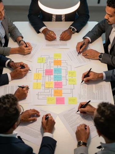 Wide-angle overhead view of a team planning session, Dominican professionals around a table with org chart printouts and colored sticky notes, warm tungsten light overhead, hands gesturing over the documents, mid-meeting energy