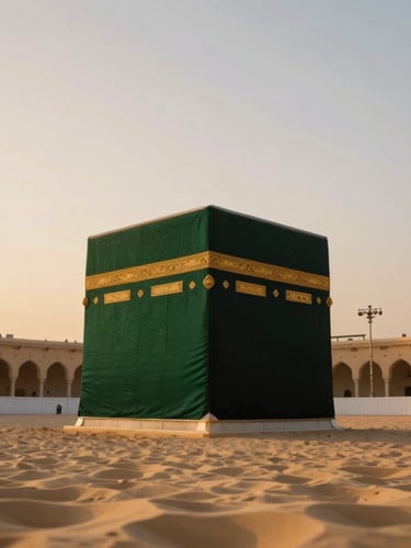 Serene editorial photography of the Kaaba at soft golden hour dawn, wide environmental shot conveying immense scale and peaceful reverence, 35mm shallow depth of field