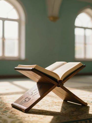 An open Quran on a polished wooden stand inside a serene, sunlit room, soft morning light streaming through arched windows, shallow depth of field