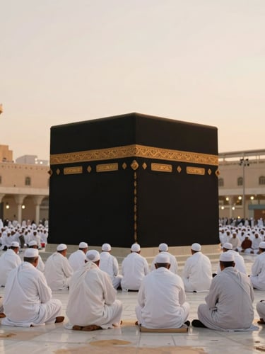 Serene environmental shot of the Kaaba from a respectful elevated distance at soft golden hour, pilgrims in white Ihram in quiet contemplation, warm ambient light, 35mm