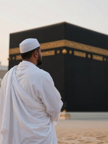 Serene environmental portrait of a pilgrim in white Ihram looking towards the Kaaba at soft dawn light, shallow depth of field, 35mm