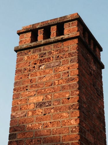 Close-up of a clean red brick chimney exterior rising against a bright clear blue sky, crisp daylight highlighting detailed masonry work, warm editorial style.