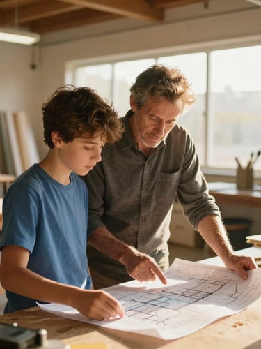 A candid medium shot of a mentor and teenager looking over architectural blueprints together in a bright, sunlit community workshop space, warm golden-hour tones, 35mm.