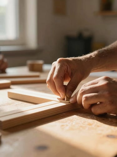 A close-up of hands working together on a physical wooden assembly project during a hands-on community workshop, warm natural daylight pouring in from a side window, shallow depth of field.