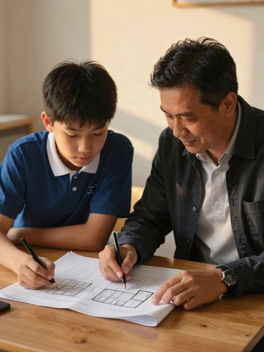 A mentor and a high school student sitting side-by-side at a wooden table, reviewing a project blueprint under warm golden-hour light, candid, authentic interaction