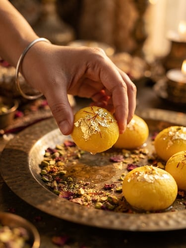 Macro close-up of a hand placing a gold-leaf-topped Kesar Rajbhog onto a heavy brass platter, warm directional side-lighting, shallow depth of field
