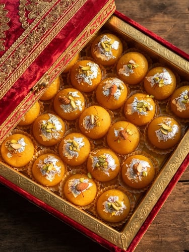 Overhead flat-lay of a heavy textured crimson and gold gift box, half-open to reveal glistening syrup-soaked Rajbhog topped with delicate silver leaf, warm golden-hour side light