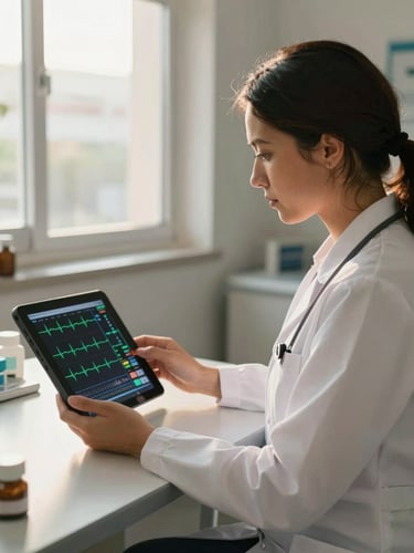 A professional clinical environment in Luanda, a female doctor in a white coat reviewing real-time patient ECG telemetry on a tablet screen, warm morning sunlight coming through the window, highly focused and authentic.