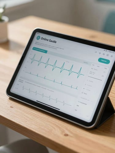 Close-up of a tablet screen displaying the Online Saude patient dashboard with clear heart rate charts and clinical data, resting on a wooden table in a sunlit medical clinic in Angola, warm natural light.