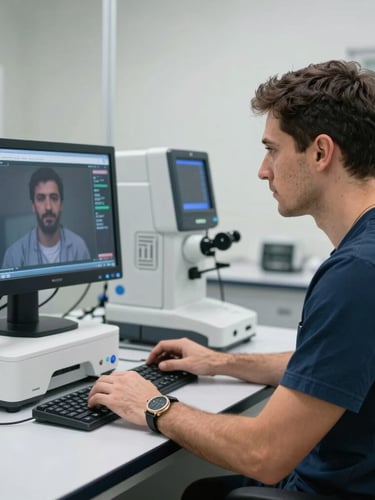 Un ingeniero biomédico calibrando un dispositivo de monitoreo remoto en un taller limpio y luminoso.