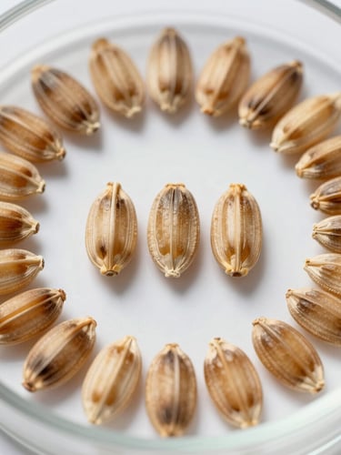 Extreme macro shot of golden wheat seeds aligned symmetrically on a sterile white lab dish under bright clinical lighting