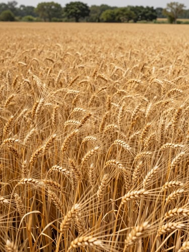 Crisp high-contrast daylight shot of a vast, uniform Punjab wheat field ready for harvest, golden crop ears in sharp focus with a deep green tree line in the background.