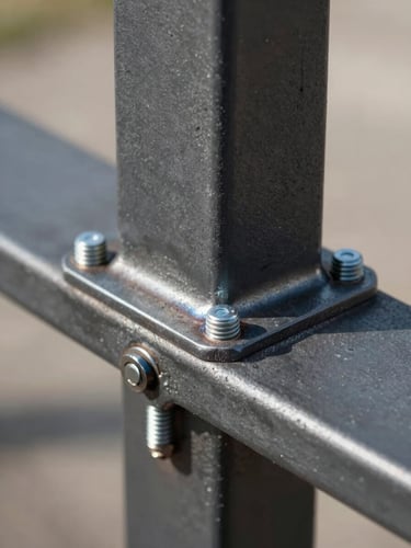 Close-up of a steel pergola post base plate and anchor bolt assembly, precision welded, matte charcoal finish, natural daylight raking across the surface to reveal weld detail and material texture
