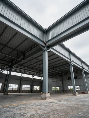 Wide environmental shot of a completed large-span steel warehouse, framed from ground level looking up at the structural ridge line, corrugated cladding and exposed portal frames visible, overcast natural light revealing material texture and weld quality at connection points, industrial site context with concrete apron in foreground
