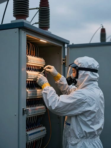 A vertical portrait of a certified high-voltage technician in full protective PPE, precisely terminating an 11 kV line inside a heavy metal transformer cabinet under overcast daylight.