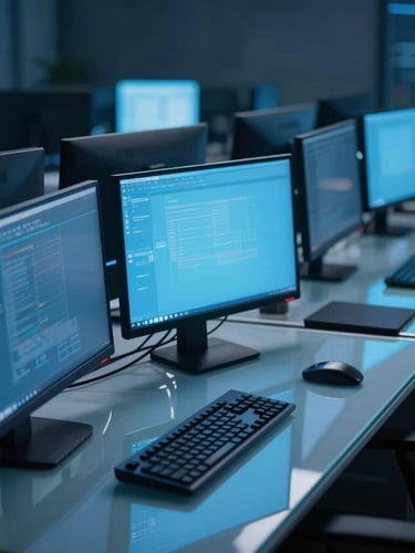 A dimly lit collaborative workspace with glowing monitor screens reflecting cool blue light on a clean glass desk, cinematic depth of field.