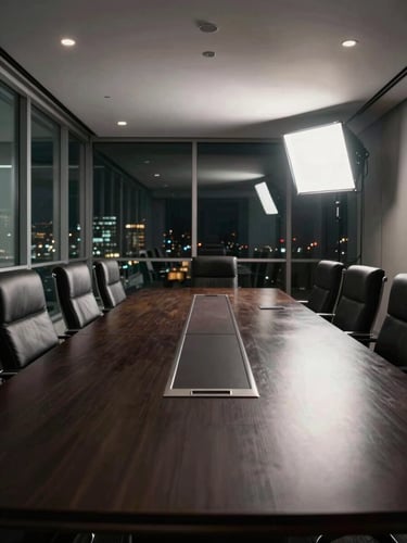 Wide-angle boardroom interior shot from a low power angle, a long dark conference table dominating the frame, leather chairs aligned in strict symmetry, floor-to-ceiling glass panels behind reflecting city lights, studio strobe lighting casting hard shadows on polished surfaces, no people visible
