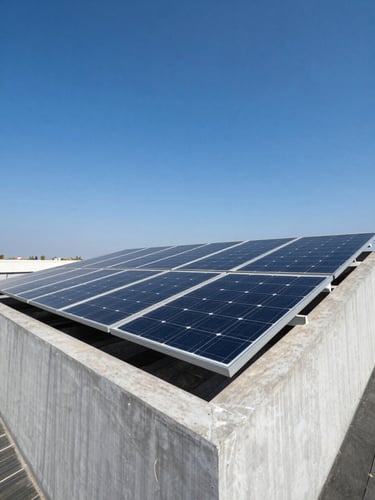 Sleek monocrystalline solar panels mounted on a modern concrete rooftop in India, bright direct sunlight, deep blue sky, sharp high-contrast architectural detail.