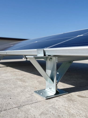 A close-up technical shot of heavy-duty aluminum solar mounting brackets anchored to a concrete roof, gleaming under intense midday sun with sharp shadows.