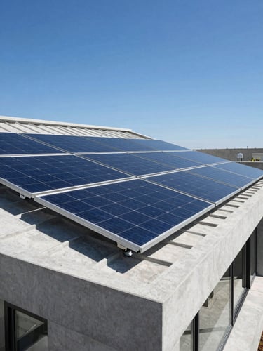 Sleek monocrystalline solar panels mounted on a modern concrete villa roof, shot from a high architectural angle under bright direct sunlight, deep blue sky.