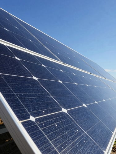 Sleek close-up of a monocrystalline solar panel reflecting a clear blue sky under bright direct sunlight, sharp geometric lines, premium architectural photography