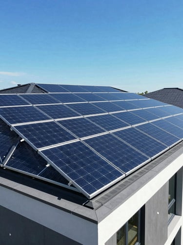 Sleek modern residential rooftop with premium geometric monocrystalline solar panels reflecting a bright blue sky, high-angle architectural drone photography, sharp sunlight.