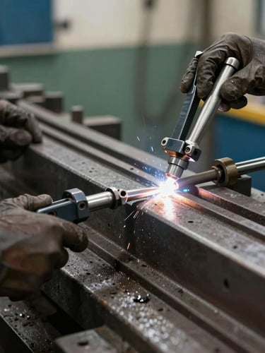 Fotografia técnica em plano fechado de um gabarito de soldagem industrial em aço maciço, com detalhes de usinagem e grampos pneumáticos de alta pressão.