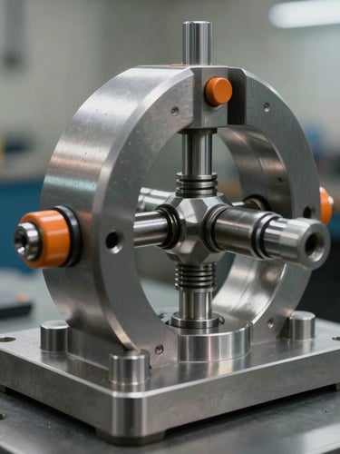 Macro shot of a heavy-duty pneumatic toggle clamp mounted on a precision-milled steel base, subtle orange safety accents, cold industrial workshop lighting with reflections on steel.