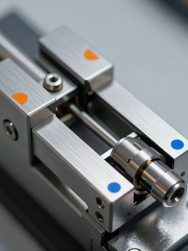 Macro shot of a high-precision mechanical clamping device, steel surfaces with subtle machining lines, blue and orange safety markings, technical lighting, orthographic angle.