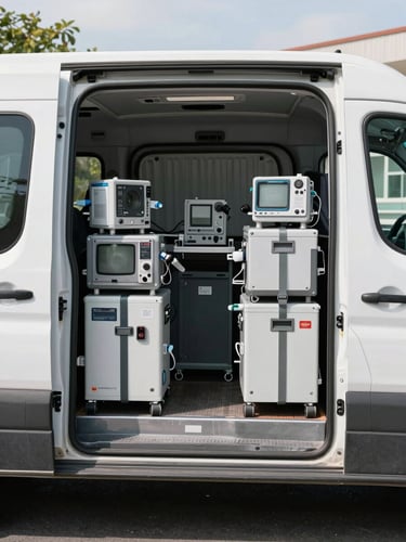 Wide shot of medical equipment secured inside a cargo van interior, straps visible, van doors open in a clinic parking lot under midday natural light, no people, operational documentary feel