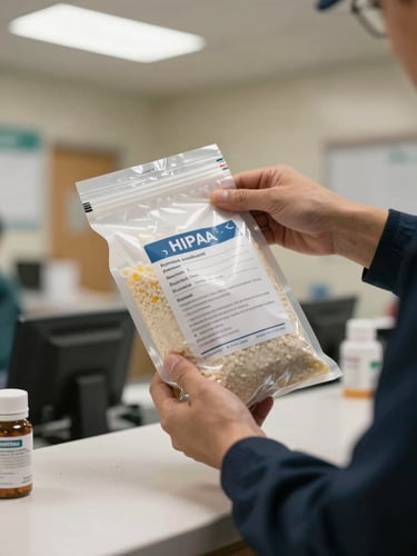 Close-up of a sealed pharmacy bag being transferred from a courier's hands to a clinic reception counter under warm fluorescent lighting, HIPAA-sealed labeling visible, documentary framing