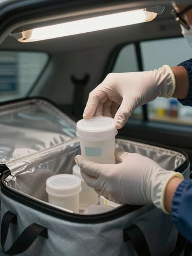 Close-up of gloved hands carefully placing a sealed lab specimen container into an insulated transport bag inside a vehicle interior, fluorescent facility lighting, documentary framing
