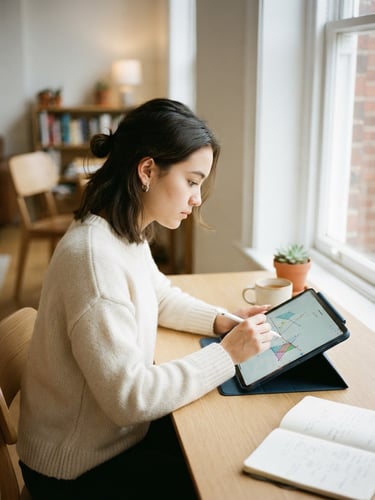 A focused student actively engaged with a tablet showing interactive math diagrams, bright natural daylight from a side window, clean minimalist study space, soft focus background, authentic candid learning, 35mm