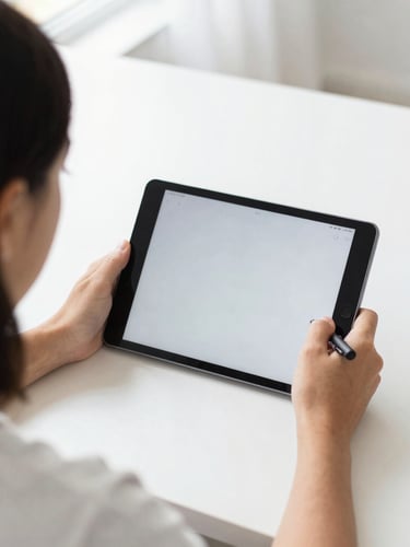 Over-the-shoulder shot of a focused student writing on a tablet screen, bright natural daylight, clean minimalist desk, 35mm