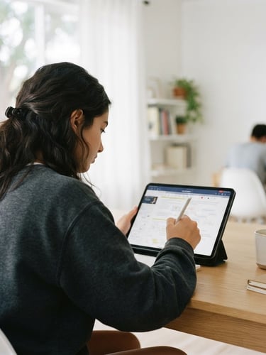 A focused high school student using a tablet in a bright, minimalist study space, soft natural daylight, over-the-shoulder shot, 35mm photography