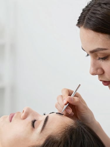 Clean profile shot of a lash artist meticulously applying lash extensions to a client, showing focused precision and clean isolation, bright studio lighting, modern studio interior with generous negative space, crisp detail.
