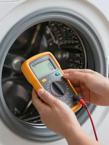 Close-up of clean hands using a digital diagnostic multimeter on the control board of a modern washing machine, high-CRI white light, sharp focus on circuitry